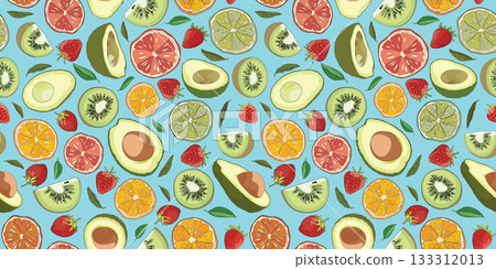 Cute mixed fruits doodle lines seamless pattern on light blue background Cute mixed fruits doodle lines seamless pattern on light blue background 133312013