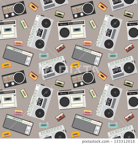 Retro cassette player, radio and colorful audio cassette tapes 90s style seamless pattern 133312018