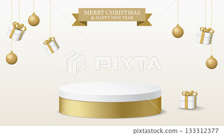 3D blank podium display have Christmas balls and gift boxes hanging around with Merry Christmas and Happy New Year calligraphy in golden ribbon 133312377