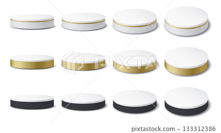 Set of 3D blank round podium isolated in different angles for placing products presentation graphic illustration. Set of 3D blank round podium isolated in different angles for placing products presentation graphic illustration. 133312386