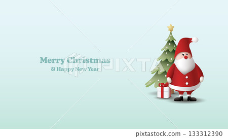 3D cute Santa claus, gift box and decorated Christmas tree with Merry Christmas and Happy New Year calligraphy on light green background graphic illustration have blank space. 3D cute Santa claus, gift box and decorated Christmas tree with Merry Christmas and Happy New Year calligraphy on light green background graphic illustration have blank space. 133312390