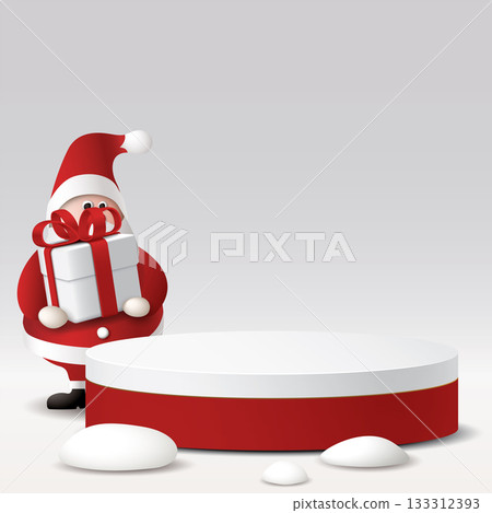 3D red and white rounded podiem with snowdrift and cute Santa Claus holding a big gift box on green square background graphic illustration have blank space for placing product presentation. 133312393