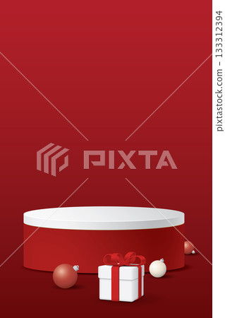 3D red and white rounded podiem with gift box and Christmas balls on red vertical background graphic illustration have blank space for placing product presentation. 133312394