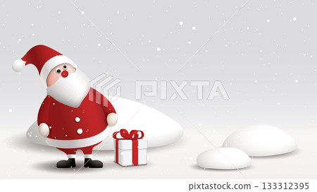 3D cute Santa Claus stands watching snowfall with gift box and snowdrift all around graphic illustration have blank space. 133312395