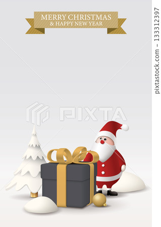 3D cute Santa Claus with Christmas elements and MERRY CHRISTMAS AND HAPPY NEW YEAR calligraphy in golden ribbon on vertical background graphic illustration have blank space. 3D cute Santa Claus with Christmas elements and MERRY CHRISTMAS AND HAPPY NEW YEAR calligraphy in golden ribbon on vertical background graphic illustration have blank space. 133312397