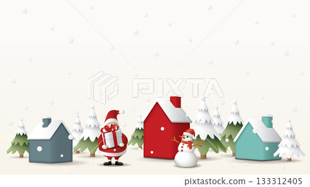 3D mini model of Winter Wonderland with Santa Claus, snowman and snowfall graphic illustration have blank space. 3D mini model of Winter Wonderland with Santa Claus, snowman and snowfall graphic illustration have blank space. 133312405