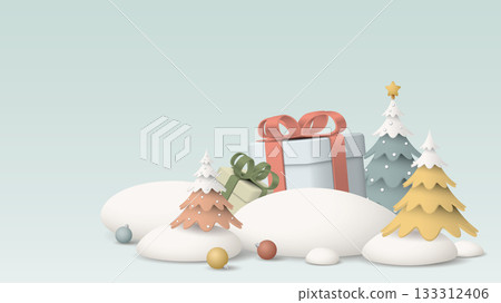 3D mini model of Winter Wonderland with gift boxes, snowdrift and decorated Christmas trees pastel colors graphic illustration have blank space. 3D mini model of Winter Wonderland with gift boxes, snowdrift and decorated Christmas trees pastel colors graphic illustration have blank space. 133312406