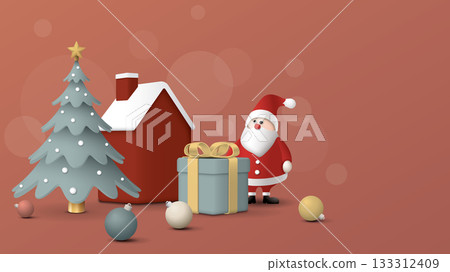 3D miniature model of Winter Wonderland with Santa Claus, gift box and decorated Christmas tree pastel colors graphic illustration have blank space. 3D miniature model of Winter Wonderland with Santa Claus, gift box and decorated Christmas tree pastel colors graphic illustration have blank space. 133312409