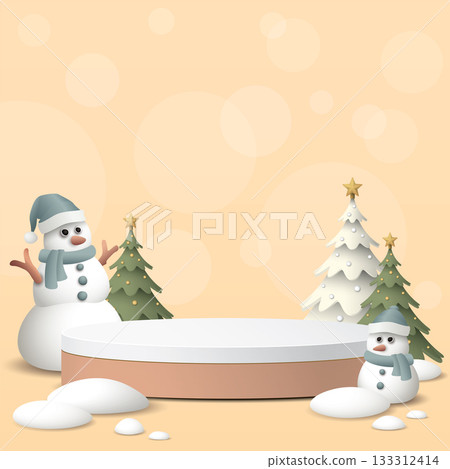 Rounded podium with 3D miniature model of snowman, decorated Christmas trees and snowdrift on square background graphic illustration have blank space. 133312414