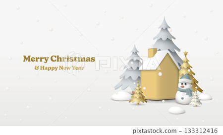 3D miniature model of Winter Wonderland with snowfall graphic illustration have blank space. 133312416