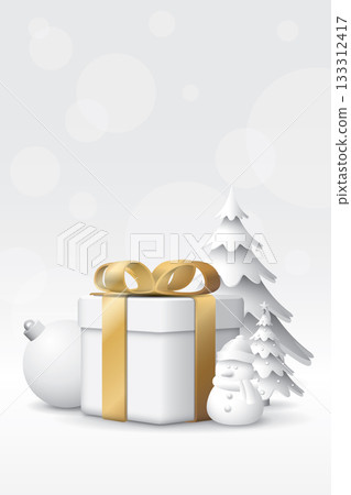 3D white gift box gold ribbon with snowman, decorated Christmas tree and Christmas ball around on vertical background have blank space. 133312417