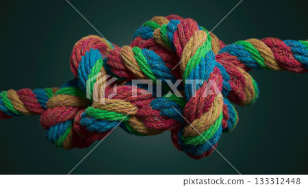 Vibrant Multi-Colored Rope Knot Against Dark Background 133312448