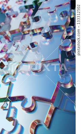Metallic Puzzle Pieces: Iridescent Interlocking Shapes Create Colorful Abstract Art and Design 133312502