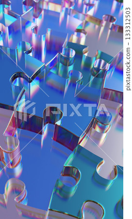 Metallic Puzzle Pieces: Iridescent Interlocking Shapes Create Colorful Abstract Art and Design 133312503