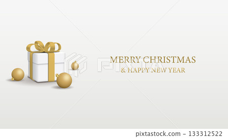 3D gift box and golden balls with Merry Christmas & Happy New Year calligraphy graphic illustration have blank space. 3D gift box and golden balls with Merry Christmas & Happy New Year calligraphy graphic illustration have blank space. 133312522
