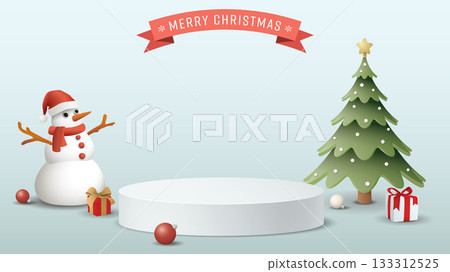 3D Blank podium with Christmas elements and Merry Christmas calligraphy in red ribbon on light blue background graphic illustration. 3D Blank podium with Christmas elements and Merry Christmas calligraphy in red ribbon on light blue background graphic illustration. 133312525