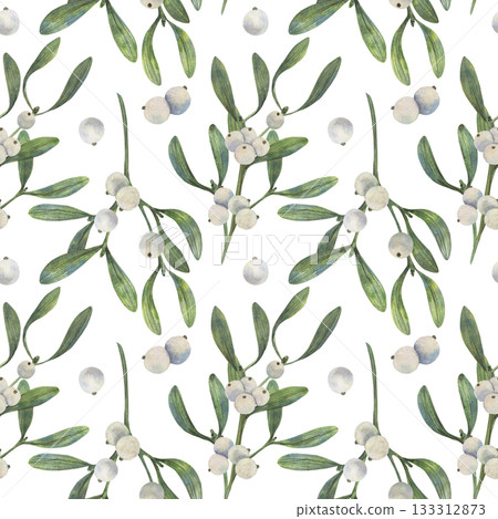 Hand drawn mistletoe pattern illustration shows green leaves and white berries in watercolor style with natural palette for wrapping paper textiles cards festive decor print use winter art element 133312873