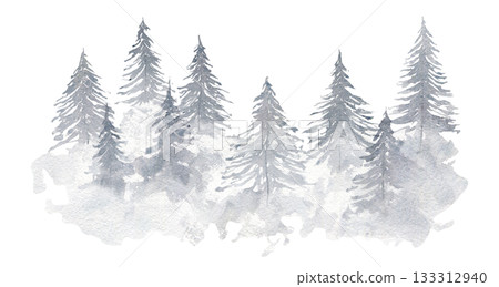Light gray misty gradient watercolor illustration of textured coniferous fir forest. Winter evergreen watercolour pine trees print for winter Christmas design, poster, decor element, sticker 133312940