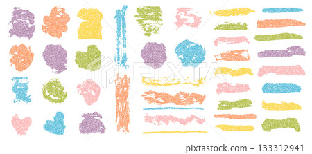 Bright colors abstract set of stipple dots pattern textured round shapes and brush strokes. Vector yellow, green, blue. coral paintbrush silhouette elements with grain texture for graphic design 133312941