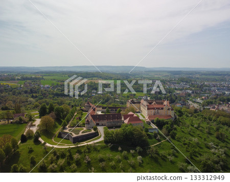 Stunning aerial view of Castle Ellwangen,showcasing its historic architecture beautiful surroundings 133312949