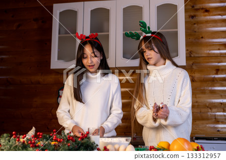 The two women are preparing Christmas treats in the kitchen The two women are preparing Christmas treats in the kitchen 133312957