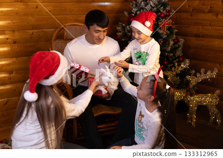 family celebrates Christmas around a decorated Christmas tree and pet a rabbit 133312965