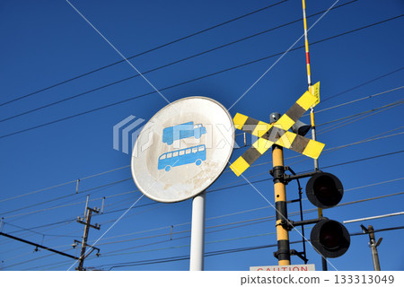 No large freight vehicles allowed. Road sign. Railroad crossing sign. No large freight vehicles allowed. Road sign. Railroad crossing sign. 133313049