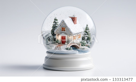 雪景球飾品，雪景置於白色背景上 133313477