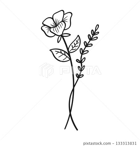 Hand Drawn Flower and Leafy Sprig Line Art. Vector illustration. 133313831
