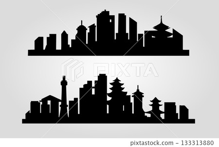 Asian City Skyline Silhouette Temple and Modern Building Set Illustration. Vector illustration. Asian City Skyline Silhouette Temple and Modern Building Set Illustration. Vector illustration. 133313880