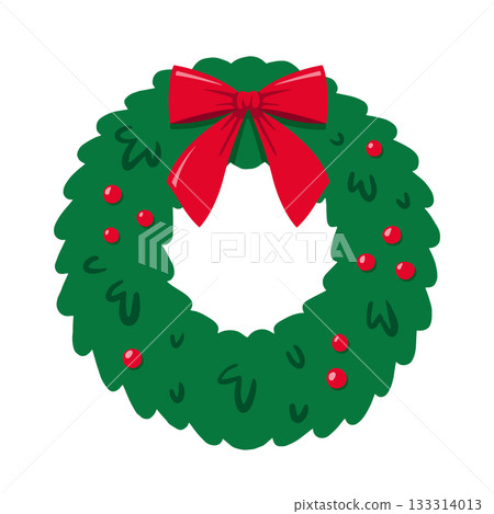 Christmas door wreath. Winter xmas wreath with bow and red berries. Decorative design element for holiday. Flat vector illustration isolated on white background. 133314013