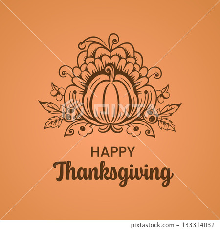 Happy Thanksgiving Ornamental Pumpkin and Floral Decoration. Vector illustration. 133314032