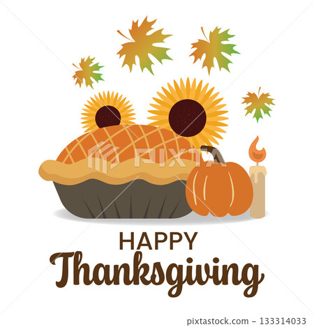 Happy Thanksgiving Pumpkin Pie Sunflowers and Leaves Decoration. Vector illustration. 133314033