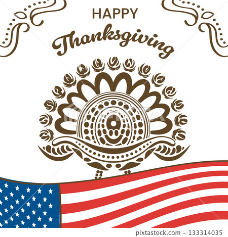 Happy Thanksgiving Ornamental Mandala Turkey and American Flag Greeting. Vector illustration. 133314035