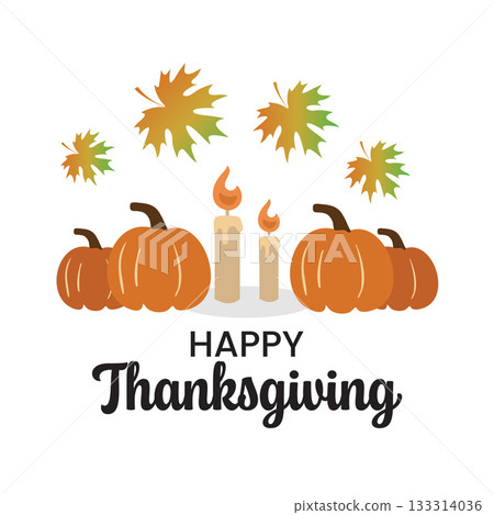 Happy Thanksgiving Pumpkins Candles and Maple Leaves Decoration. Vector illustration. 133314036