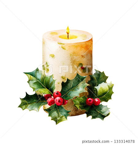 聖誕蠟燭和冬青水彩插畫素材 133314078