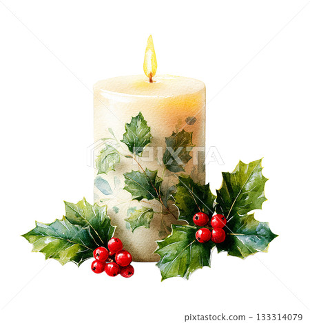 聖誕蠟燭和冬青水彩插畫素材 133314079