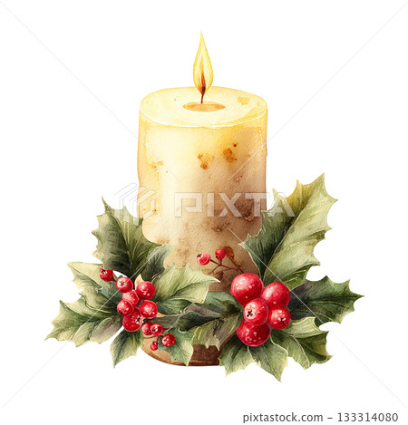 聖誕蠟燭和冬青水彩插畫素材 133314080
