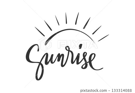 Sunrise hand draw lettering. Linear half sunburst rays glow above handwritten word. Morning early light sketch minimal black ink silhouette. Daylight summer weather sky, shine energy, warm sunlight Sunrise hand draw lettering. Linear half sunburst rays glow above handwritten word. Morning early light sketch minimal black ink silhouette. Daylight summer weather sky, shine energy, warm sunlight 133314088