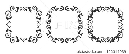 Square ornamental frame set. Floral decorative border edge. Vintage outline curved filigree abstract natural motif. Detailed elegant lace trim, symmetric pattern. Emblem template copy space Square ornamental frame set. Floral decorative border edge. Vintage outline curved filigree abstract natural motif. Detailed elegant lace trim, symmetric pattern. Emblem template copy space 133314089