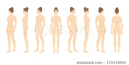 Vector illustration of a 7 head woman, displaying multiple angles including front, side, and back. Perfect for fashion Vector illustration of a 7 head woman, displaying multiple angles including front, side, and back. Perfect for fashion 133314093