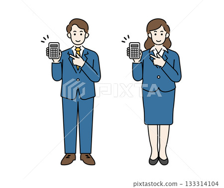 Men and women in suits smiling and making an OK pose Full-body illustration of an office worker holding a calculator Men and women in suits smiling and making an OK pose Full-body illustration of an office worker holding a calculator 133314104