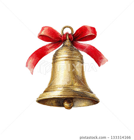 水彩畫風格的鈴鐺插圖，鈴鐺上繫著紅色絲帶 133314166
