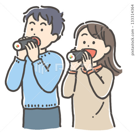 A young couple eating Ehomaki (thick roll) sushi for Setsubun A young couple eating Ehomaki (thick roll) sushi for Setsubun 133314364