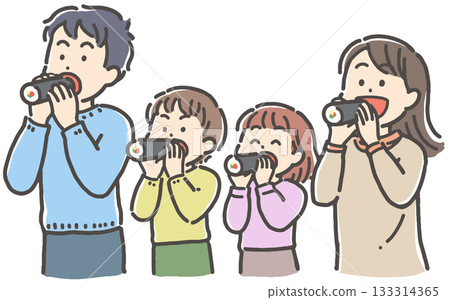 A family of four eating Ehomaki (thick roll) sushi for Setsubun A family of four eating Ehomaki (thick roll) sushi for Setsubun 133314365