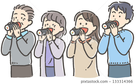 Four men and women eating Ehomaki (thick roll) sushi for Setsubun Four men and women eating Ehomaki (thick roll) sushi for Setsubun 133314366