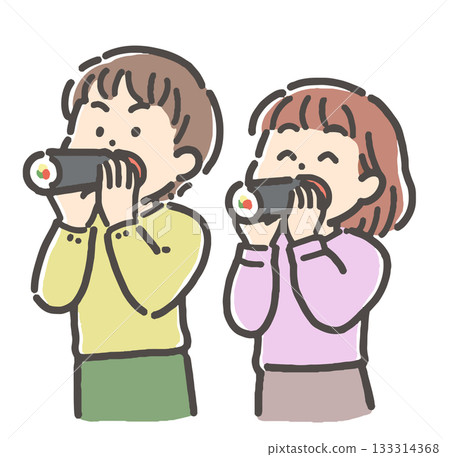 Boy and girl eating Ehomaki (thick roll) sushi for Setsubun 133314368