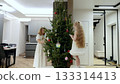 Mother and daughter hanging colorful ornaments on christmas tree, sharing warm moments in minimalist living space during festive winter season 133314413
