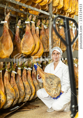 Adult female specialist working in a jamon factory 133314433