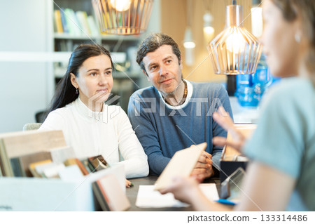 Married couple discussing order with store manager 133314486